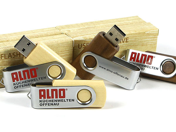 holz wood usb stick logo aufdruck druck alno firmenlogo küche