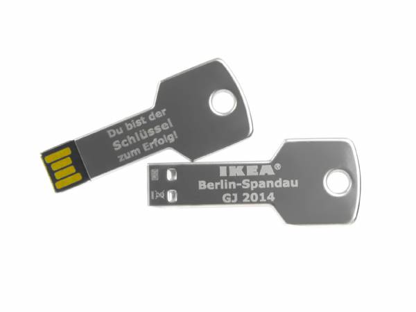 USB-Stick in Schlüssel-Form mit persönlichem Spruch und Platz für ein individuelles Firmenlogo. Ideal für Promotions.