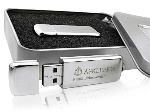 Metall USB-Stick Klinik graviert mit Dose, Metall.13