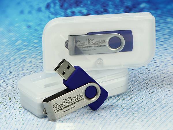 twister usb stick silber blau verpackung transparent logo gravur drehbar