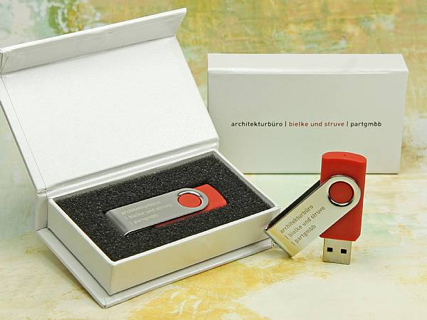 usb stick drehbar metallbuegel verpackung druck gravur