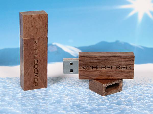 usb stick holz dunkelbraun logo gravur werbung