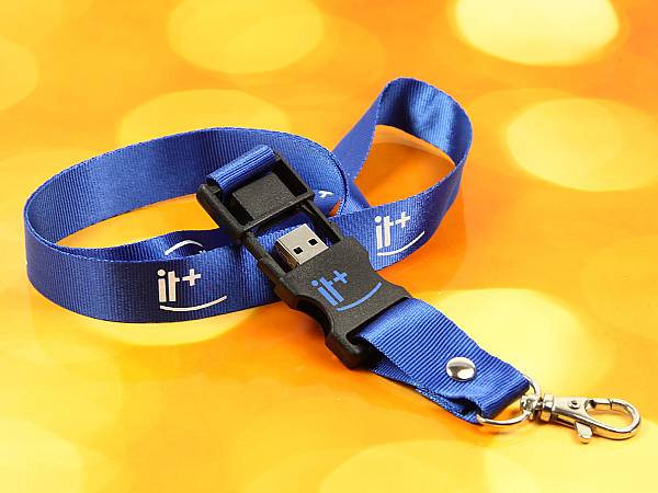 usb stick lanyard umhängeband messe karabiner blau logo weiss