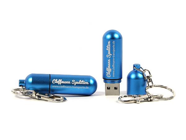 usb stick metall kapsel pille blau logo