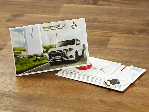 usb stick visitenkarte papier logo auto mitsubishi green mobility oeko