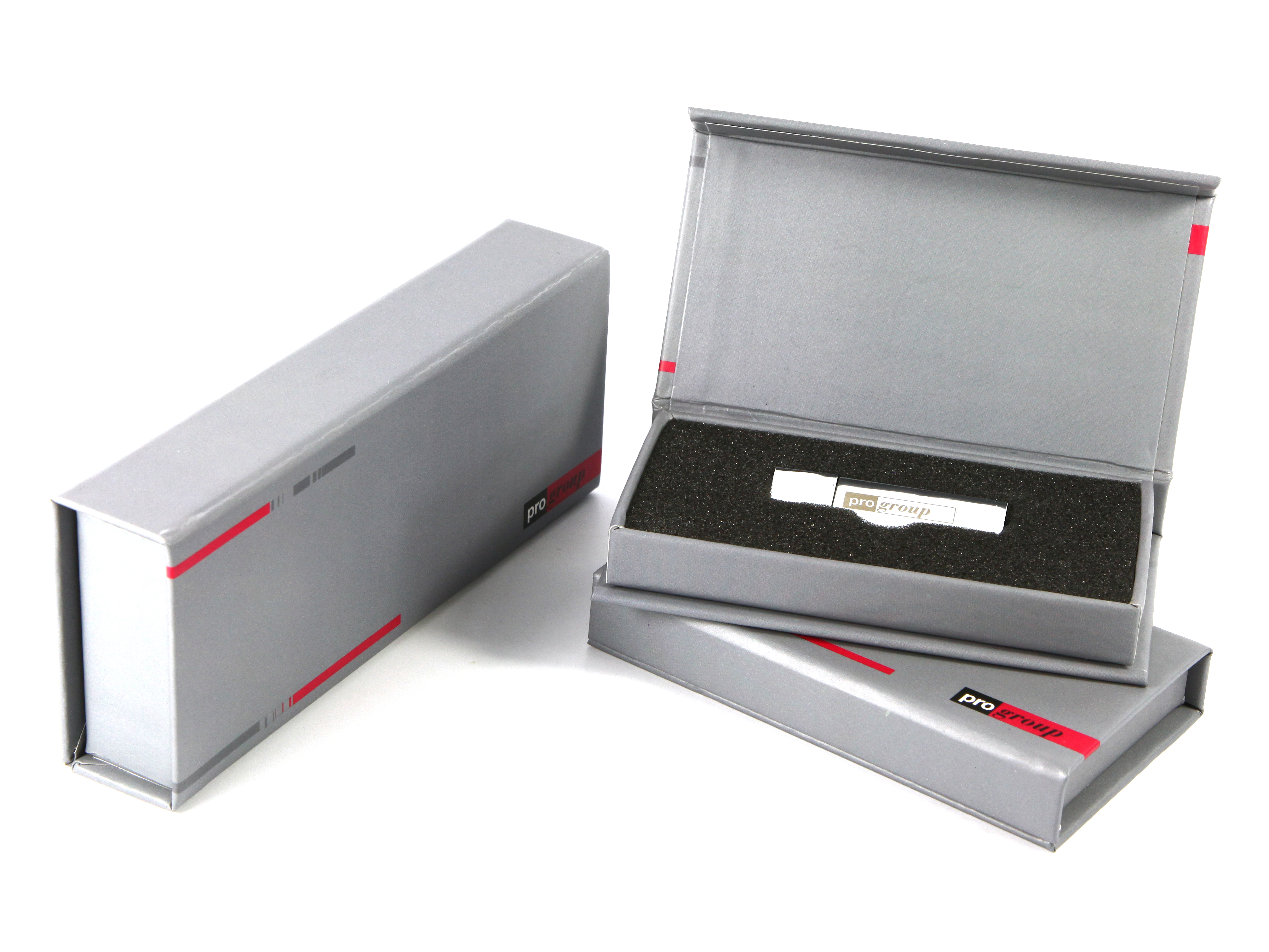 klappbox geschenkverpackung verpackung grau silber logo aufdruck bedrucken usb stick