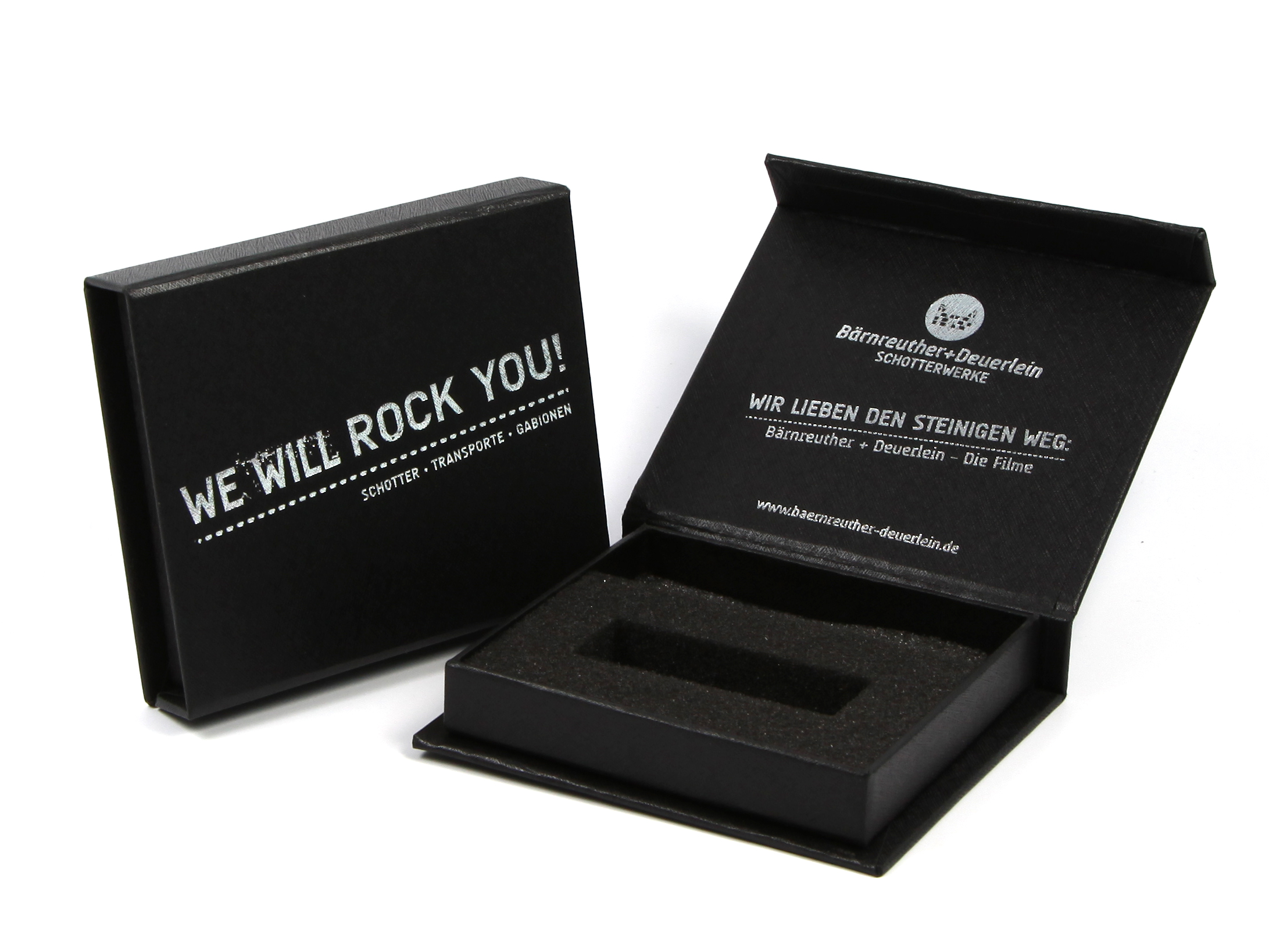 klappbox verpackung schwarz rock logo aufdruck druck
