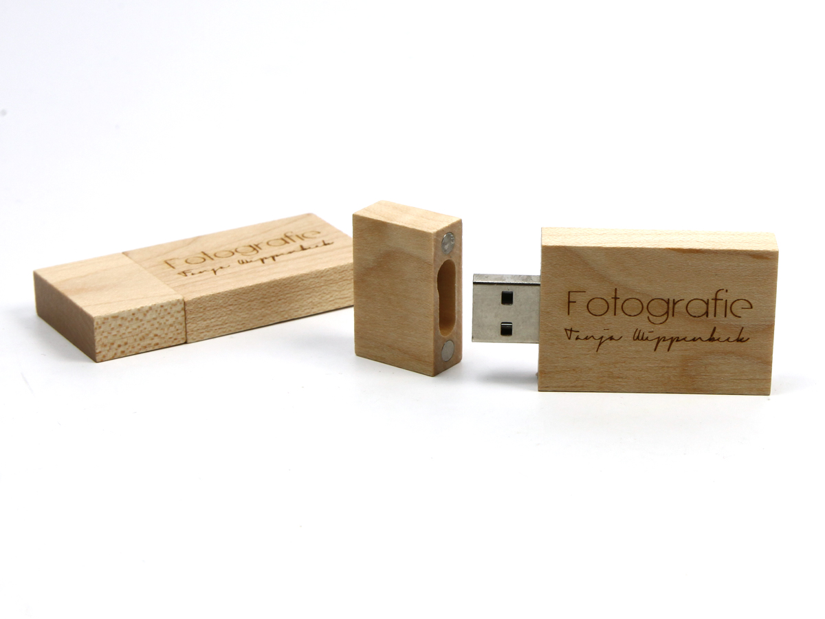 usb stick holz eckig schlicht hellbraun logo