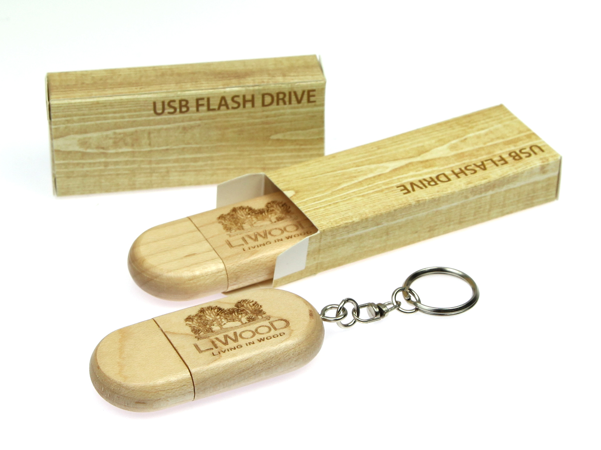 usb stick holz hell abgerundet schluesselanhänger anhänger ring logo verpackung