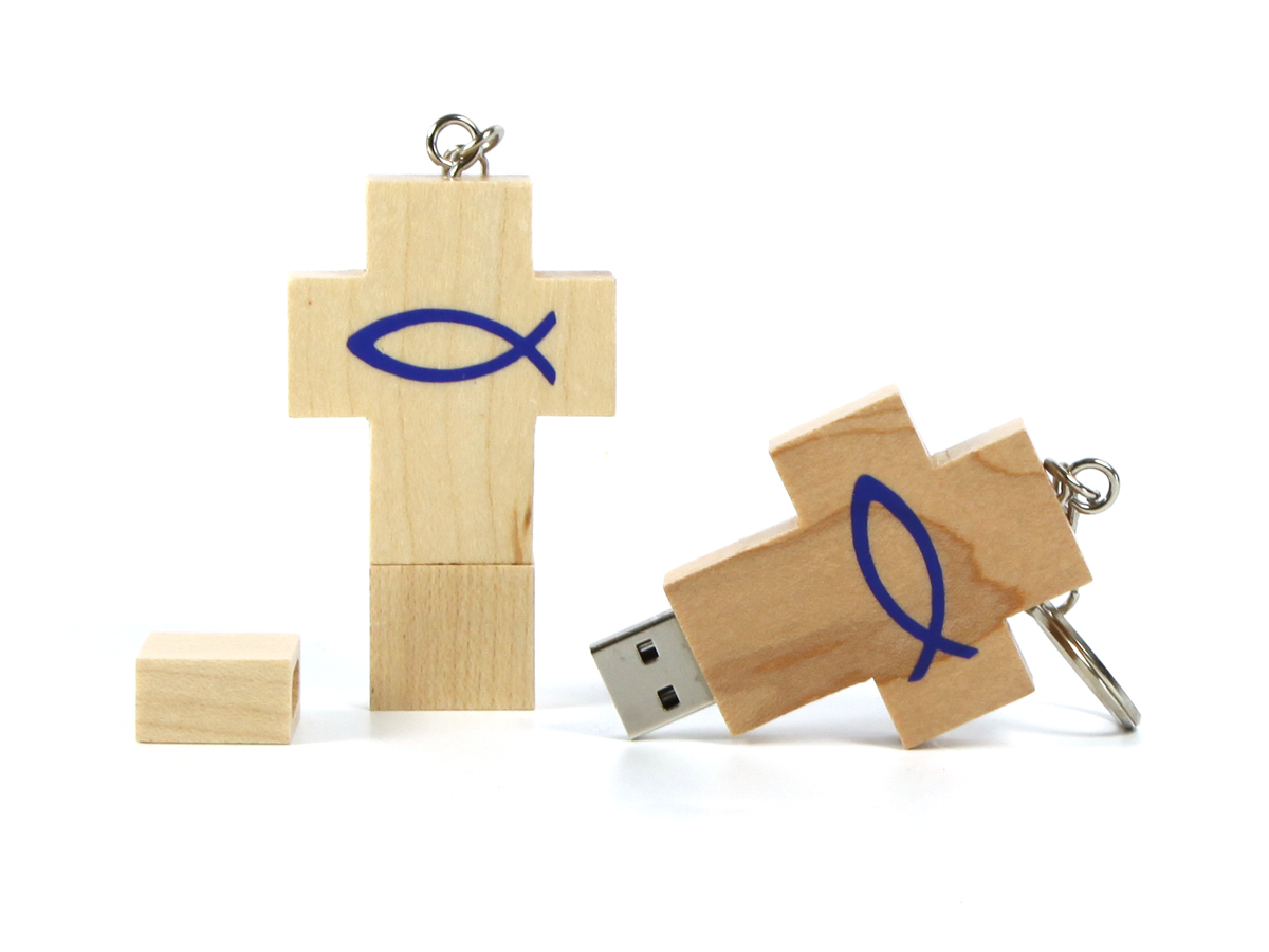 usb stick holz hell kreuz natur fisch logo