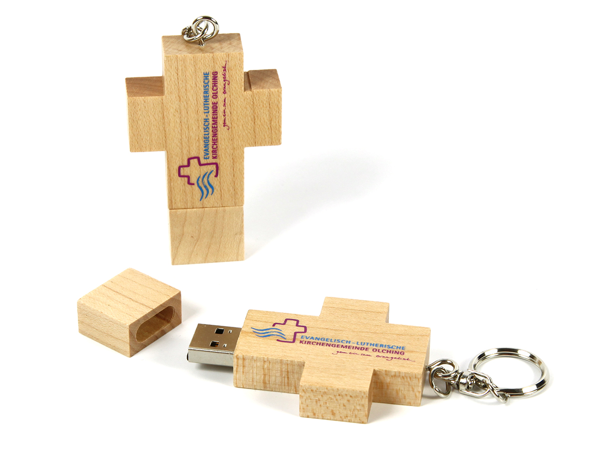 usb stick kruez holz hell natur logo blau rot anhänger