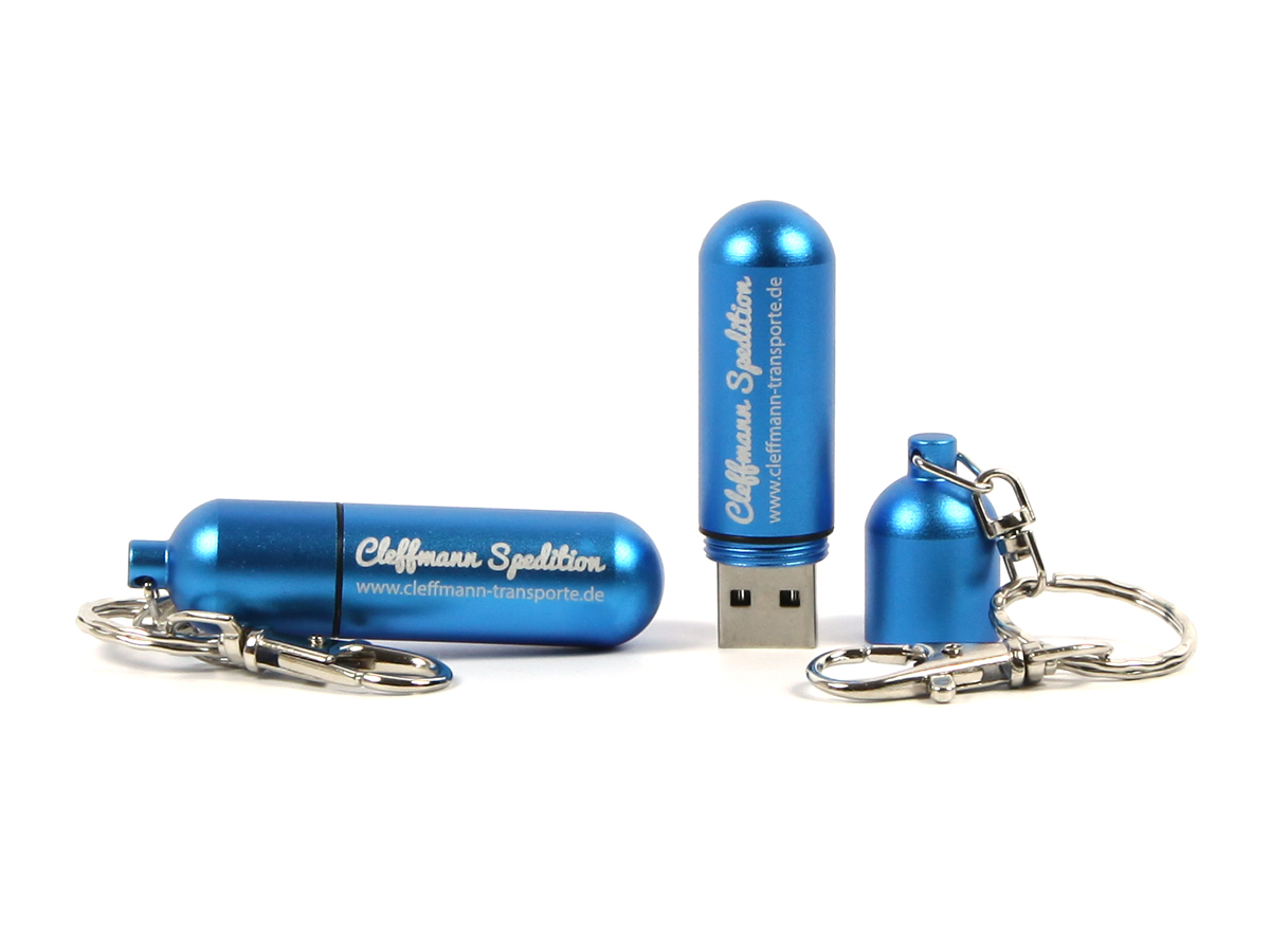 usb stick metall kapsel pille blau logo