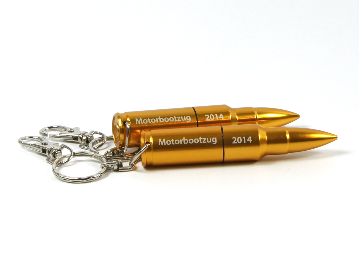 usb stick munition pistolenkugel gewehr schluesselring karabiner gold logo