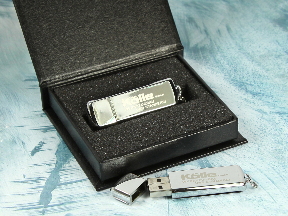 usb stick silber glanz logo gravur verpackung schwarz