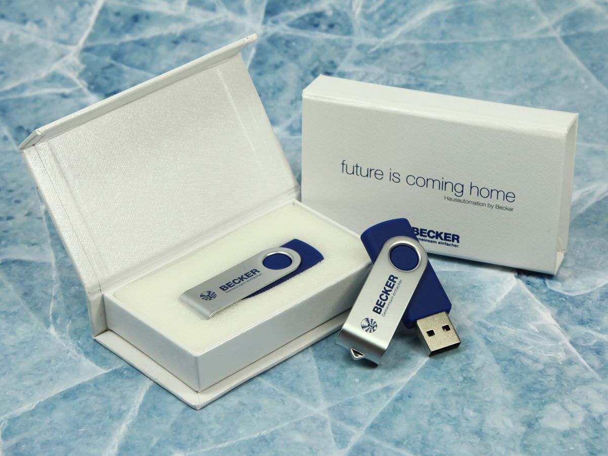 usb stick twister blau silber metall drehbar logo verpackung weiss