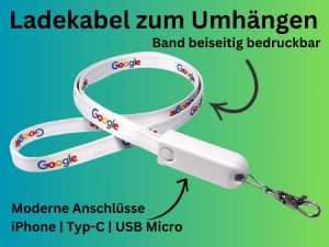 3 verschiedene Ladestecker, 80 cm Umhängeband, beidseitig vollflächig bedruckbar