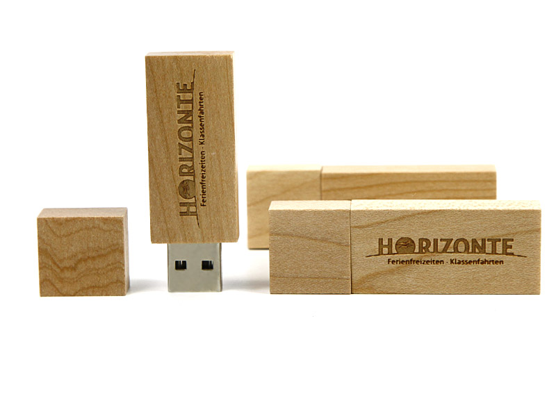 Holz USB-Stick mit Gravur, logo, horizonte, klassenfahrt, giveaway graviert