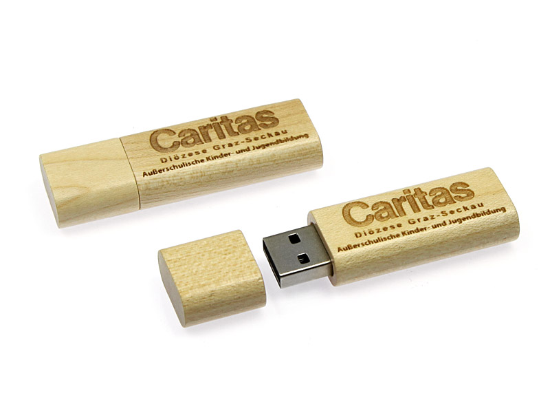 Caritas, usb, graviert, holz, günstig, logo, schriftzug