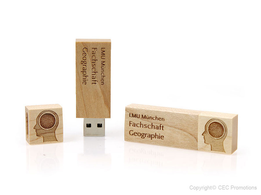 Holz USB-Stick braun graviert, gravur, LMU, deckel, Kopf, Geographie braun
