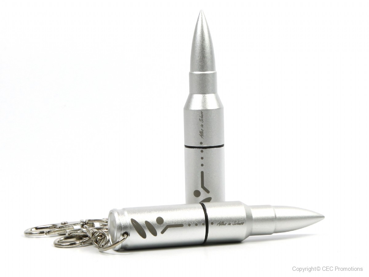 usb stick gewehrkugel pistolenkugel munition silber logo