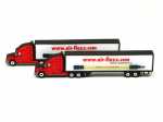 USB-Stick im Lkw-Design mit bedruckbarem Logo-Bereich und einem leuchtend roten Gehäuse für individuelle Werbezwecke.