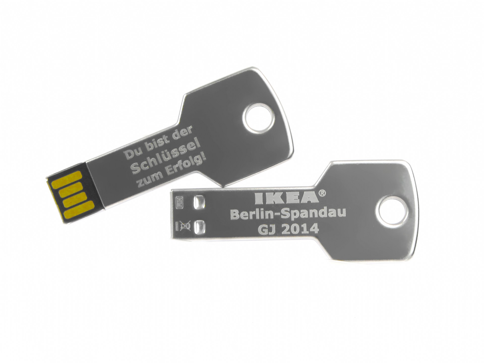 USB-Stick in Schlüssel-Form mit persönlichem Spruch und Platz für ein individuelles Firmenlogo. Ideal für Promotions.