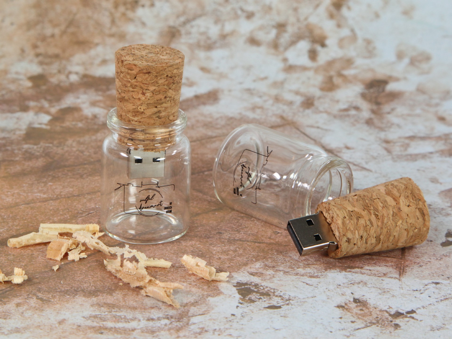 usb stick flaschenpost flasche korkdeckel digitaldruck