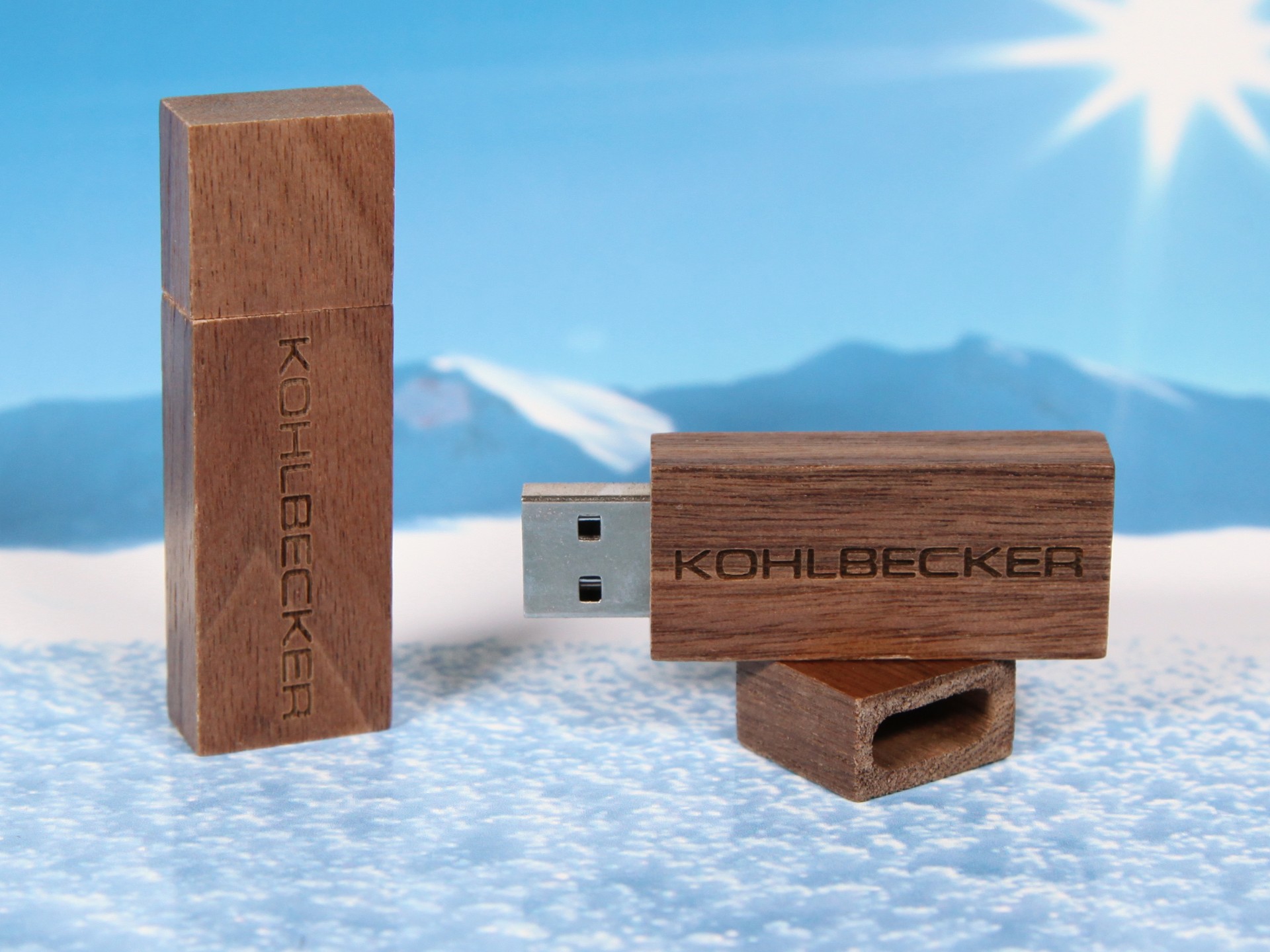 usb stick holz dunkelbraun logo gravur werbung