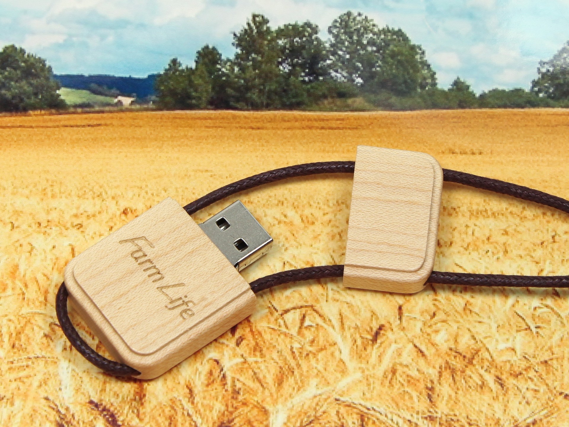 usb stick holz gravur schnur umhängeschnur logo