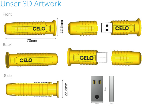 3D Zeichnung CELO Dübel USB-Stick